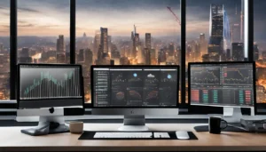 Escritório de negociações moderno com monitores exibindo softwares de trading e cidade ao fundo, ideal para entender configurações de copy trade no Tradovate.